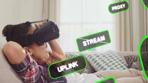 Woman on couch adjusting headset, activating green HUD tiles entering right, Stock Footage 333132297