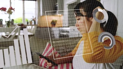 Woman on couch tapping phone, activating pie charts turning into tech bar Stock Footage 333478059