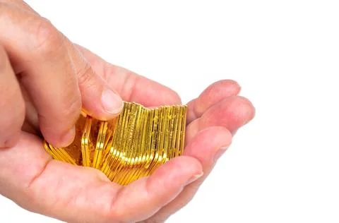 Woman counting stack of gold bars isolated Stock Photos