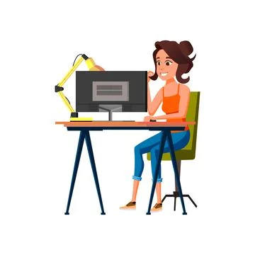 Woman creator digital image processing on computer cartoon vector Illustrazione stock