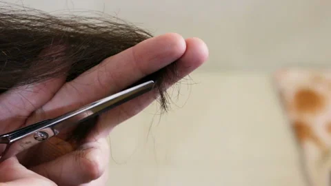 A woman cuts the cut ends of dark long hair. Close-up, indoors, real time Stock Footage 92141053
