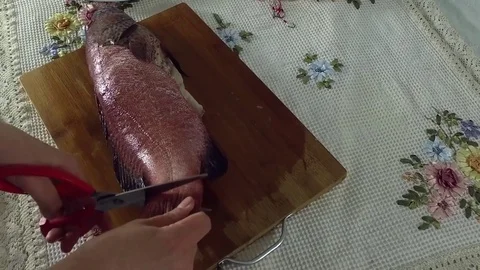 The woman cuts the tail off the fish with scissors. Stock Footage