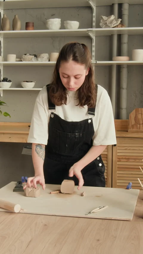 Woman Cutting Clay with String in Workshop 库存影片 331809464