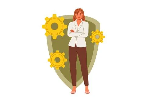 Woman cyber security engineer recommends antivirus for data protection, stands Stock Illustration