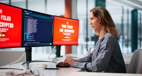 Woman Cybersecurity Analyst Monitors Multiple Screens During Ransomware Attac Stock Photos