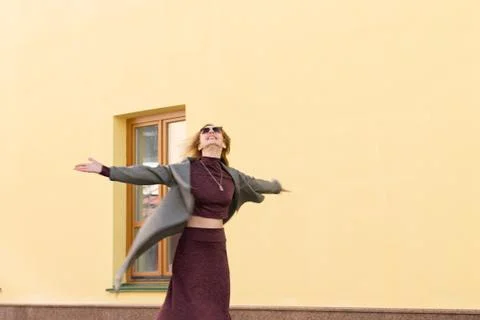 A Woman is Dancing in the City. Copy Space Stock Photos