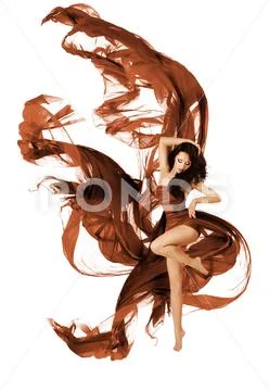 Woman Dancing Fabric Flying Cloth, Fashion Dancer with Waving Dress Fabric Stock Photos