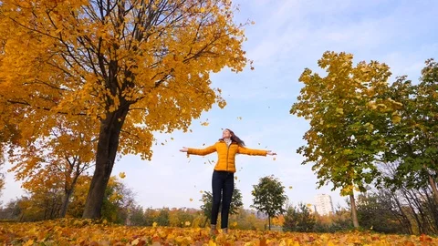 Woman dancing under yellow falling leaves Stock Footage 97505552