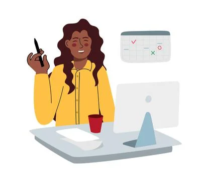 A woman dark skinned is working at a computer. Work in the office and at a di Stock Illustration
