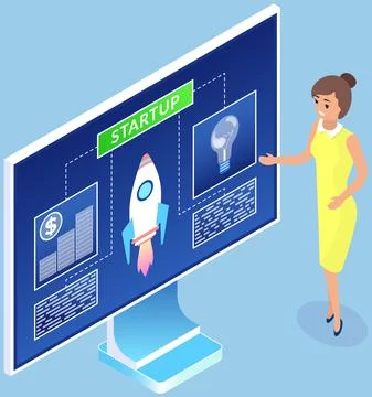 Woman dealing with startup with rocket launch. Businesswoman analyzing info on イラスト素材