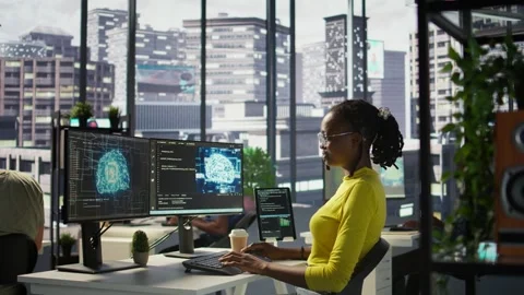 Woman debugging and optimizing code using AI Stock Footage 318237821
