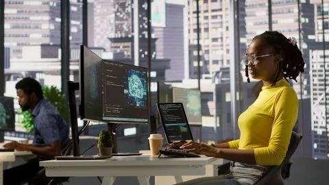 Woman debugging and optimizing code using AI 写真素材