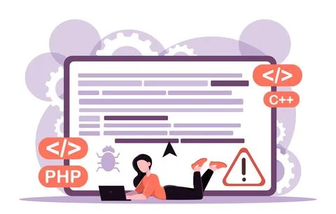 Woman debugging code on laptop screen. Vector illustration 스톡 일러스트