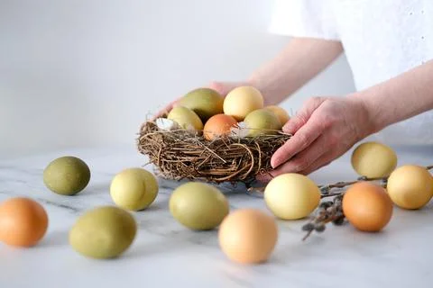 A woman decorates the table with Easter eggs in a decorative nest of twigs Stock Photos