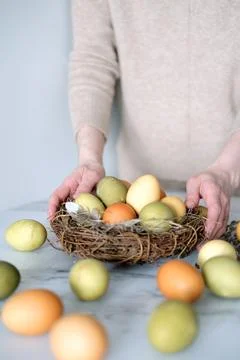 A woman decorates the table with Easter eggs in a decorative nest of twigs Stock Photos