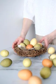 A woman decorates the table with Easter eggs in a decorative nest of twigs Stock Photos