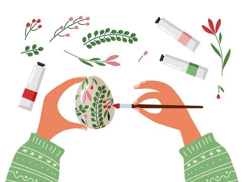 Woman decorating easter egg with paint brush. Easter celebration preparation Stock Illustration