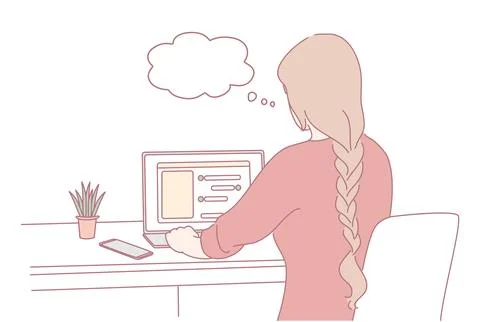 A woman is deep in thought while working diligently on her laptop in her cozy Stock Illustration
