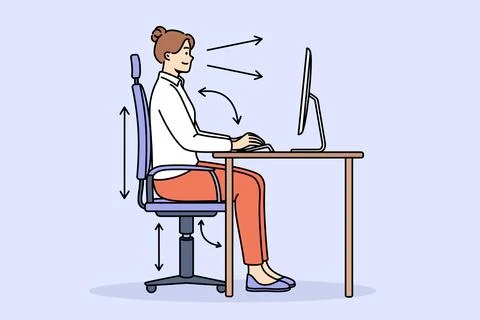 Woman demonstrates correct posture for working with computer, sitting with Stock Illustration