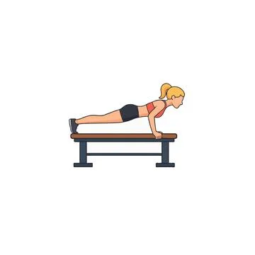 A woman demonstrates elevated push ups on a weight bench, illustrating func.. Illustrazione stock