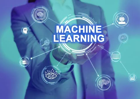 Woman demonstrating machine learning model with linked icons, closeup Stock Photos