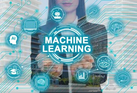Woman demonstrating machine learning model with linked icons and cityscape on Stock Photos