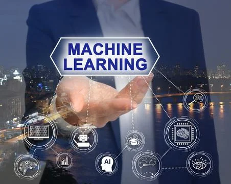 Woman demonstrating machine learning model with linked icons and night citysc Stock Photos