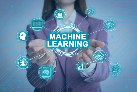 Woman demonstrating machine learning model with linked icons, closeup Stock Photos