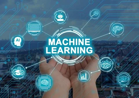 Woman demonstrating machine learning model with linked icons and cityscape on Stock Photos