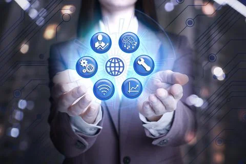 Woman demonstrating machine learning model with different icons, closeup Stock Photos