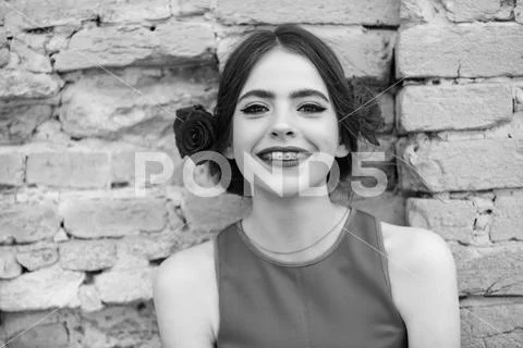 Woman with dental braces on teeth Stock Photos