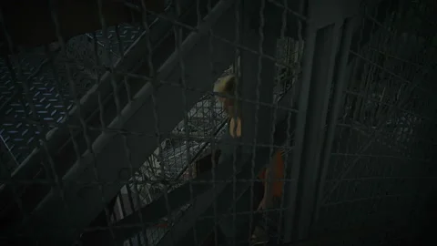 A woman descends the stairs of the Eiffel Tower evening Stock Footage 96147953