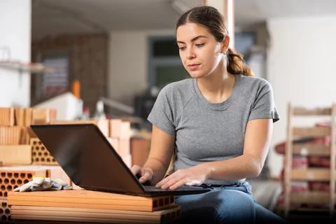 Woman designer sitting on brick stack in construction site and using laptop Stock Photos