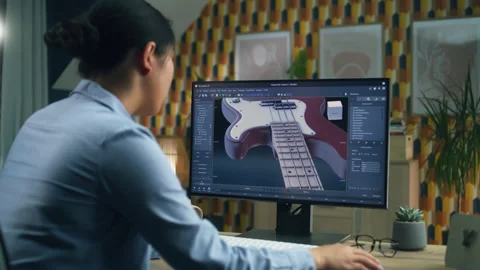Woman designing 3D prototype of guitar Vídeos de archivo 211795209