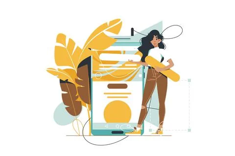 Woman designing user interface on mobile phone Illustrazione stock