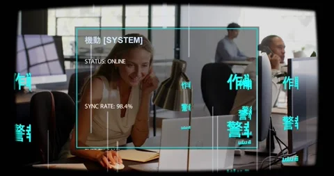 Woman at desk responding to tech overlay appearing, clicking mouse, typing Stock Footage 331002182