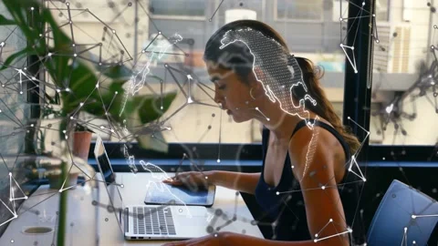 Woman at desk tapping phone, using laptop, typing for tech work while globe Stock Footage 333552781