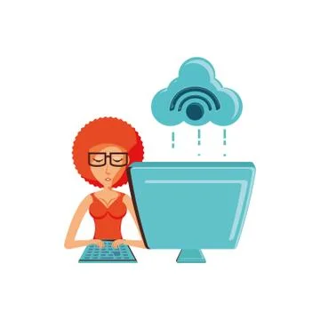 Woman with desktop computer and cloud computing Stock Illustration