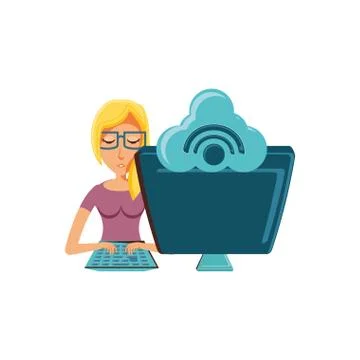 Woman with desktop computer and cloud computing 스톡 일러스트
