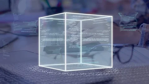 Woman dev hands typing on keyboard causing wireframe cube forming and showing Stock Footage 335761807