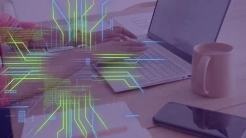 Woman dev typing at laptop, causing neon circuits and green code sweeping over Stock-Footage 335466151