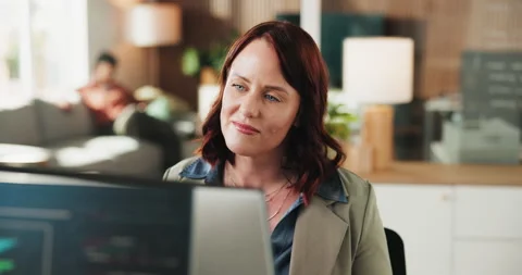 Woman, developer and computer for programming in office with research, software Stock Footage 330049479