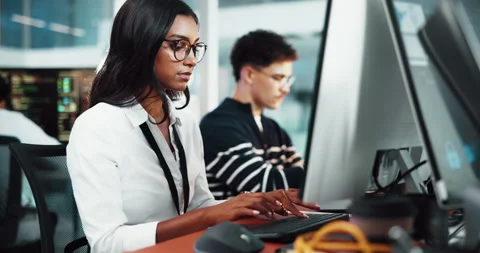 Woman, developer and typing on pc in office for research, programming and Stock Footage 309143135