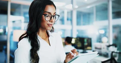 Woman, developer and typing on tablet in office for IT, coding software and 스톡 사진