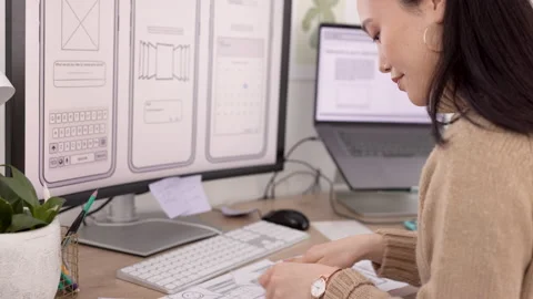 Woman, developer and wireframes with technology in design, planning or strategy Stock Footage 236924269
