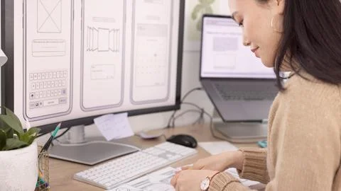 Woman, developer and wireframes with technology in design, planning or strategy Stockfoto's