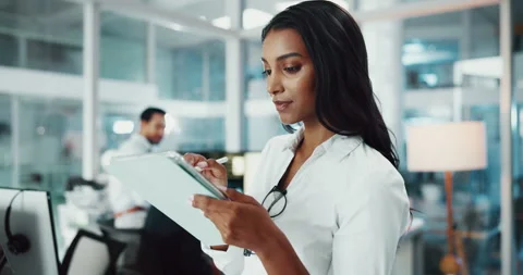 Woman, developer and writing on tablet in office for research, programming and Stock Footage 308993875