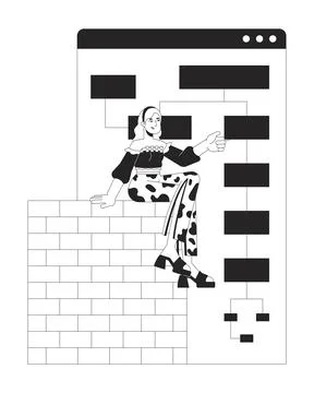 Woman developer building website wireframe bw 2D line cartoon character Ilustración de archivo