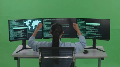 Woman Developer Celebrating And Dancing While Write Code With Multiple Computer Stock Footage 252565741