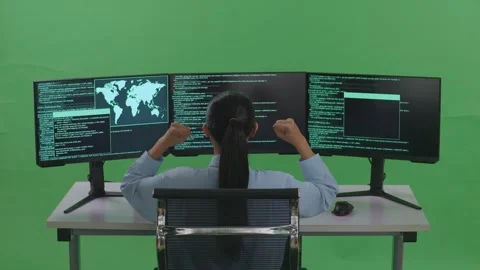 Woman Developer Celebrating While Write Code With Multiple Computer Screens Vídeos de archivo 252565576